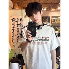 夏季美式高街重磅纯棉三条杠织带撞色男女短袖T恤ZD357-特P30，男装T恤，电商A486