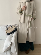 冬上新！【依嘟】AB面澳洲超细羊毛撞色配围巾长款羊毛外套(配，女装双面呢大衣，依嘟服饰