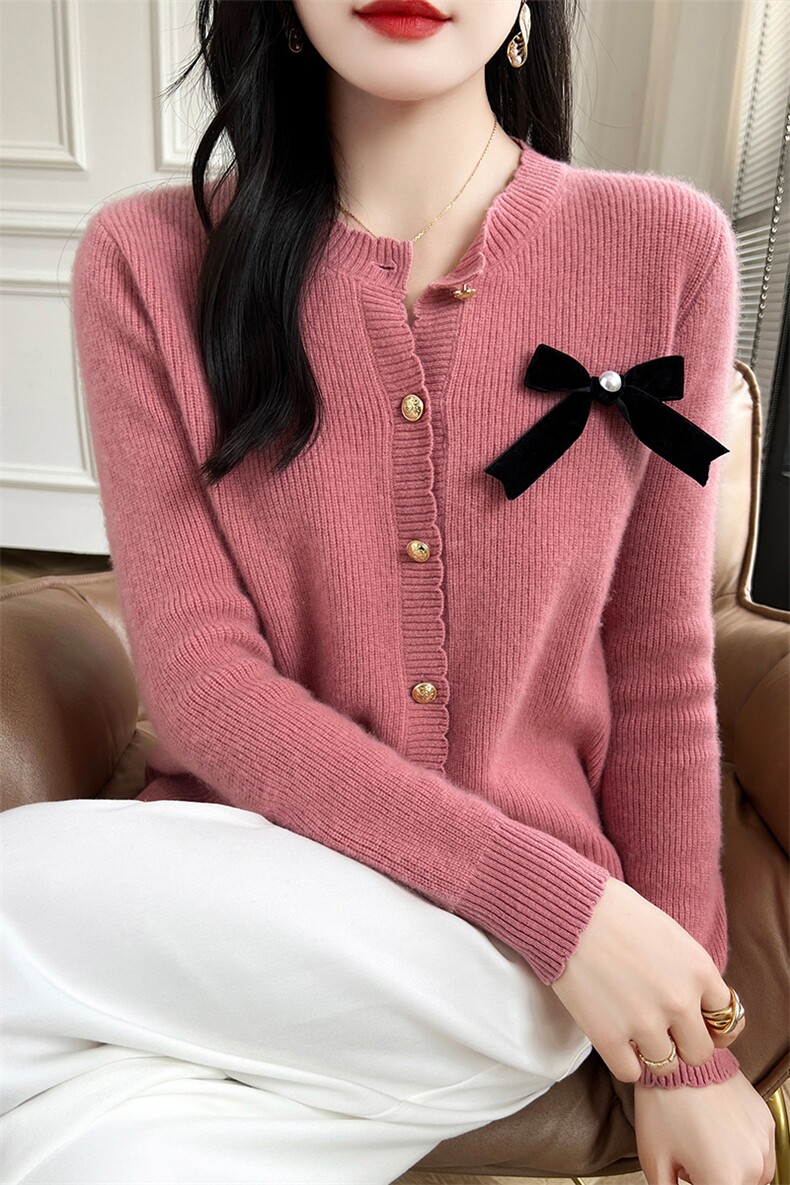 羊毛开衫女外套短款毛衣外套蝴蝶结圆领针织衫毛衣外搭,女装羊毛衫,哲奥羊绒