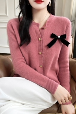羊毛开衫女外套短款毛衣外套蝴蝶结圆领针织衫毛衣外搭，女装羊毛衫，哲奥羊绒