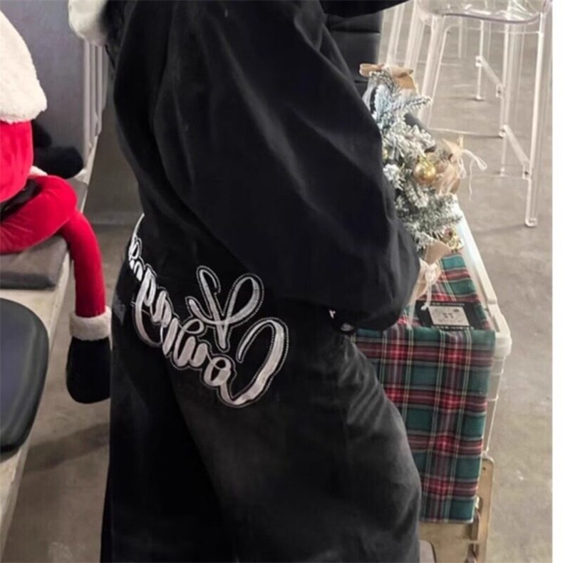 美式复古黑色弯刀牛仔裤男女款高街设计感宽松显瘦垂感阔腿裤子,男装休闲裤,星座506A