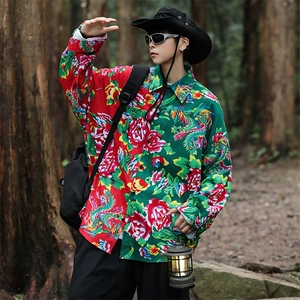 PC203秋装休闲东北大花拼接长袖衬衫外套男女宽松寸衣汉服演出服图片