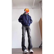 美式高街vibe风水洗黑灰牛仔裤男女修身显瘦微喇裤子WL1137-P50，男装牛仔裤，星座1008