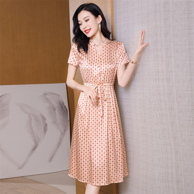 重磅真丝连衣裙桑蚕丝女2025夏季新款高档印花大码红色系带衬衫裙,女装连衣裙,阿舍尔精品