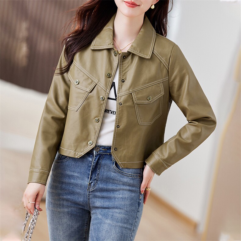 皮衣外套女2023年秋冬新款水洗皮机车服显瘦pu皮夹克韩版短外套潮,女装皮衣,江南女神
