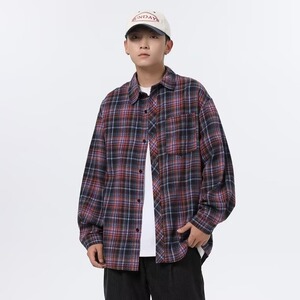 美式2026男生潮流穿搭复古格子翻领外套男女新年衣服红色衬衫