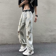 破洞水洗牛仔裤男款美式高街潮牌修身直筒裤子夏季薄款A7064-P42，男装牛仔裤，星座208-5