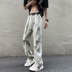 破洞水洗牛仔裤男款美式高街潮牌修身直筒裤子夏季薄款A7064-P42图片