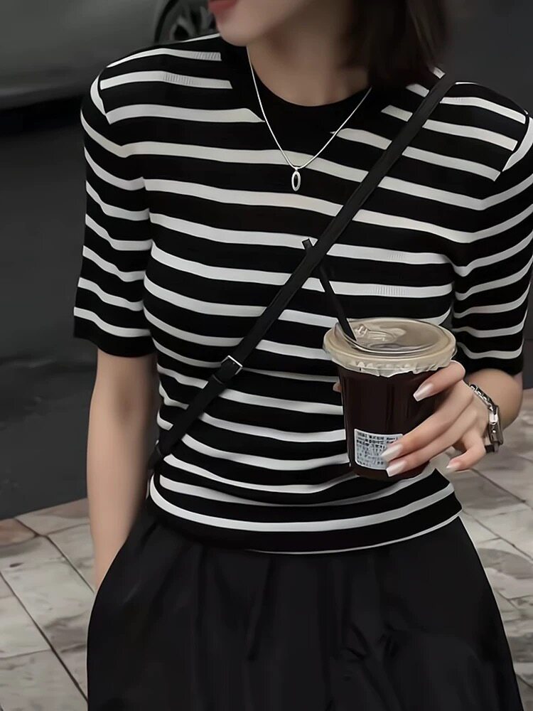 经典复古条纹天丝短袖，女装T恤，雪真羊绒