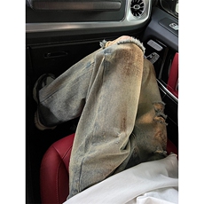 B221美式ins高街暗黑宽松直筒破洞喷墨乞丐牛仔裤LK24202-P60控78，男装牛仔裤，电商B221