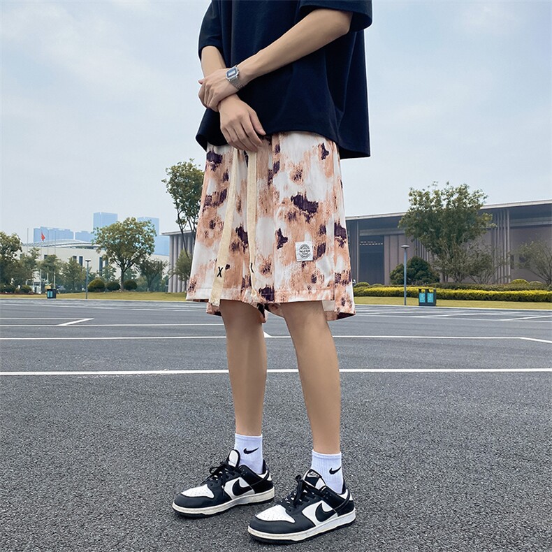 2026夏沙滩裤港风大码五分裤细条冰丝花短裤DK1677/特P28咖啡8,男装牛仔裤,电商A094
