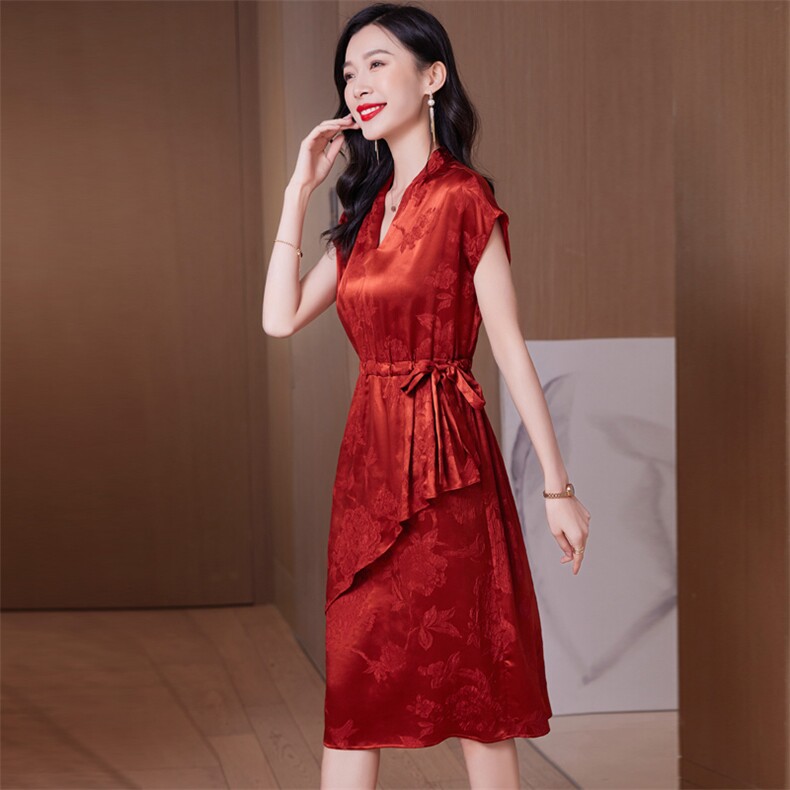 桑蚕丝春季新款优雅真丝短袖连衣裙修身显瘦红色印花裙,女装连衣裙,阿舍尔精品
