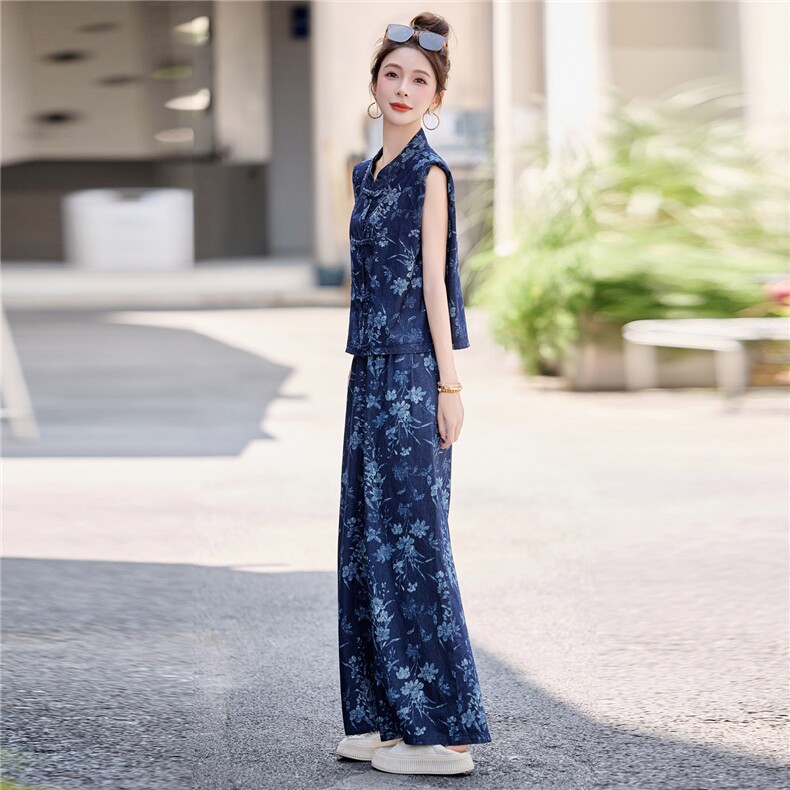 新中式国风印花套装女2025夏季新款时尚盘扣无袖上衣阔腿裤两件套,女装套装/套裙,韩宇舍