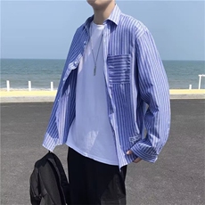 条纹长袖衬衫男港风日系休闲百搭男士衬衣薄款秋季痞帅寸衫外套潮，男装衬衫，星座516A