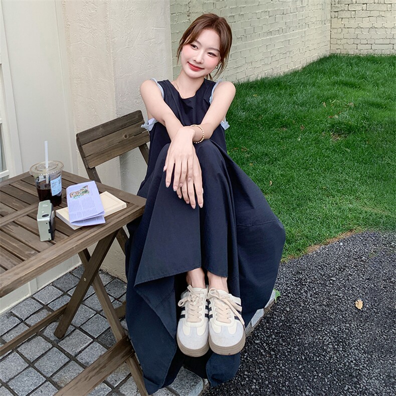 设计感薄纱拼接深蓝色无袖连衣裙女2025夏季轻熟风气质淡人背心裙,女装连衣裙,纯色衣恋