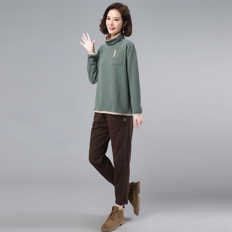 2021秋装新款韩版气质两件套高领打底衫加绒休闲裤潮，女装大码女装，奕阳依阁