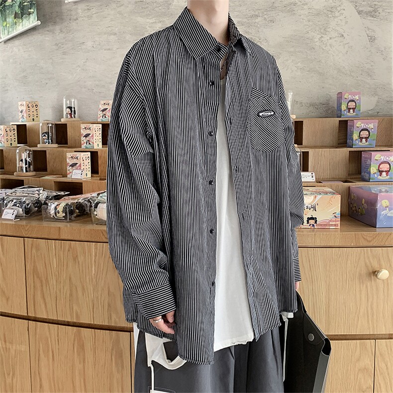 日系条纹衬衫潮男秋季港风chic宽松潮流韩版dk制服衬衣W1099-P35,男装衬衫,星座512-4