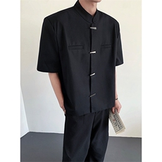 黑色新中式短款短袖夹克外套风立领垫肩设计感上衣男XF230P98，男装夹克，星座512-1（原513-3）