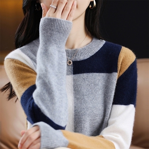 秋季新款女士半高领拼色时尚潮流羊毛衫长袖图片