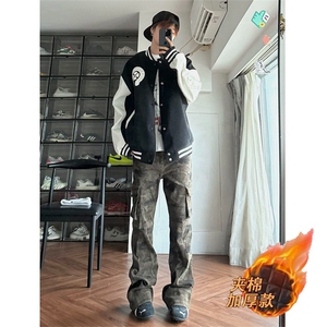 2025秋冬新款十字架刺绣贴皮加厚夹棉棒球服潮图片
