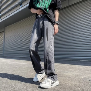 街头宽松黄泥牛仔裤男女做旧水洗撞色分割高街破洞直筒裤子潮图片