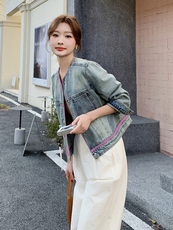 韩版休闲圆领撞色牛仔外套女2025早春新款小个子减龄宽松夹克上衣，女装牛仔外套，蝶眷