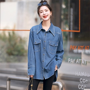 牛仔衬衣女早春秋欧货爆款2025新款设计感大码胖mm中长款衬衫上衣图片