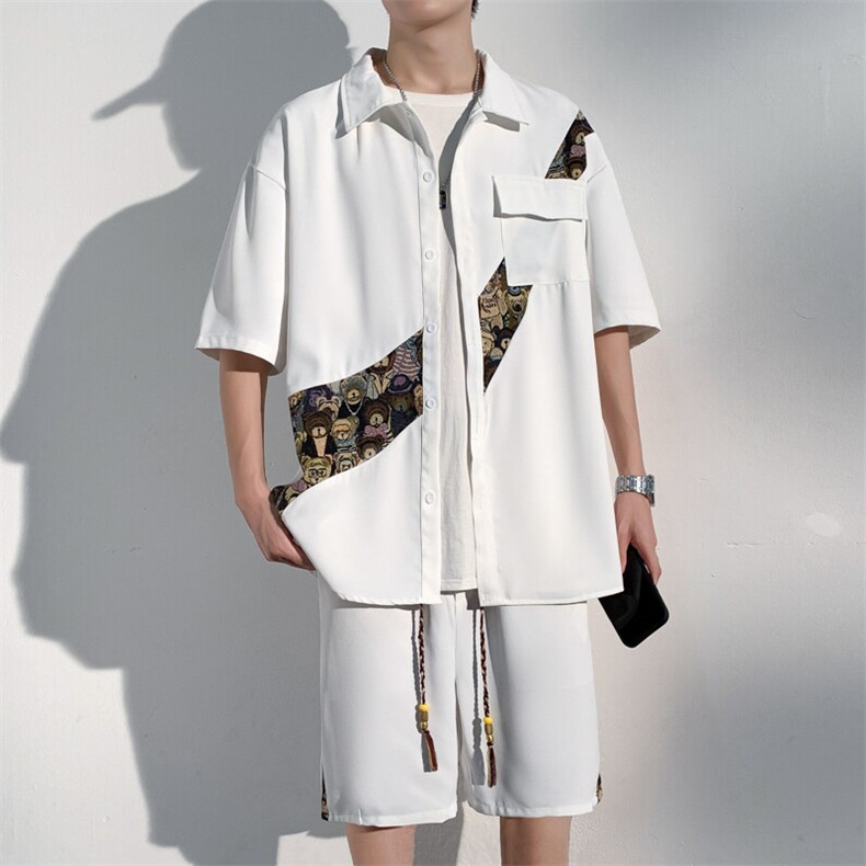 1小熊短袖衬衫男+短裤大码M-5XL套装92%聚酯纤维8%氨纶TZ77057P70，男装牛仔裤，星座226-2