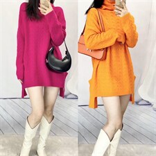 新款洋气花高领休闲宽松时尚百搭慵懒风糖果色针织毛衣裙全羊，女装针织衫/毛衣，纳影