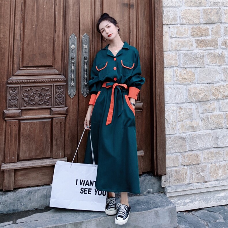 墨绿色休闲显瘦连衣裙女2025春秋季新款法式高级感气质长袖衬衫裙,女装连衣裙,2C056