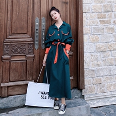 墨绿色休闲显瘦连衣裙女2025春秋季新款法式高级感气质长袖衬衫裙，女装连衣裙，2C056