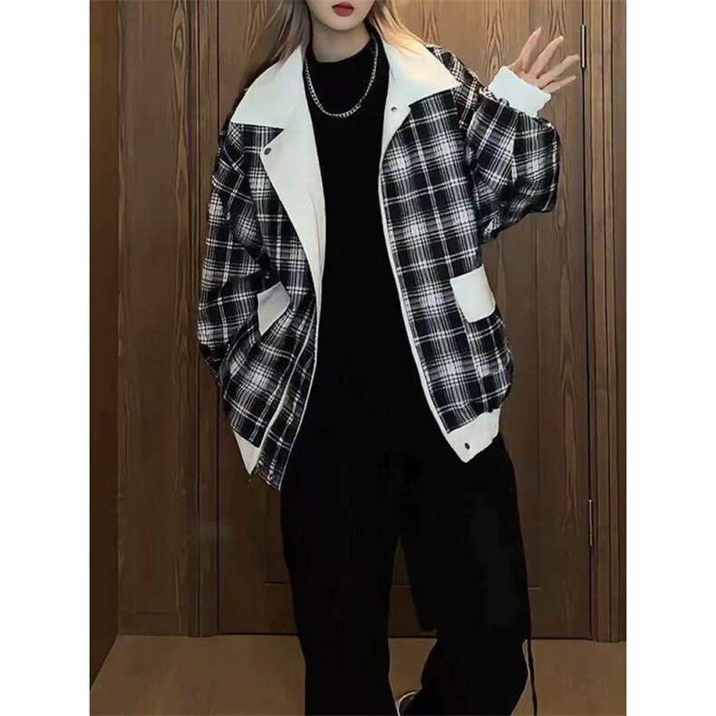 双面穿格子机车棉服男女款加厚高级感工装皮衣宽松美式夹克外套潮,男装夹克,星座613
