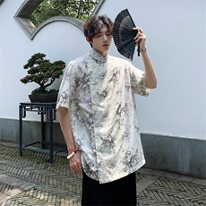 风格夏季新款男士新中式大码棉麻衬衫CS35-P65控89，男装衬衫，电商A021