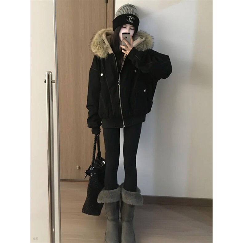 现货重磅boxy短款棉衣座山雕大毛毛领男女棉服水洗工装厚外套,男装棉衣,电商A486-1