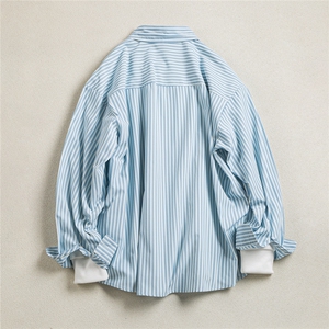 B413-1-DX6015韩系小众翻领条纹长袖衬衫男女款春秋新款宽松衬衣图片