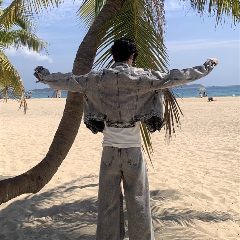 春秋款做旧水洗夹克男2025新款痞帅牛仔外套美式潮牌百搭翻领上衣,男装工装外套,星座1210-1
