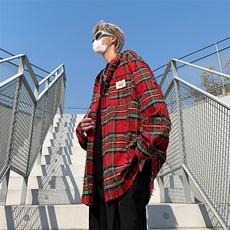 复古红色格子衬衫男女秋季宽松做旧磨毛连帽长袖衬衫外套C36/P55，男装衬衫，星座506