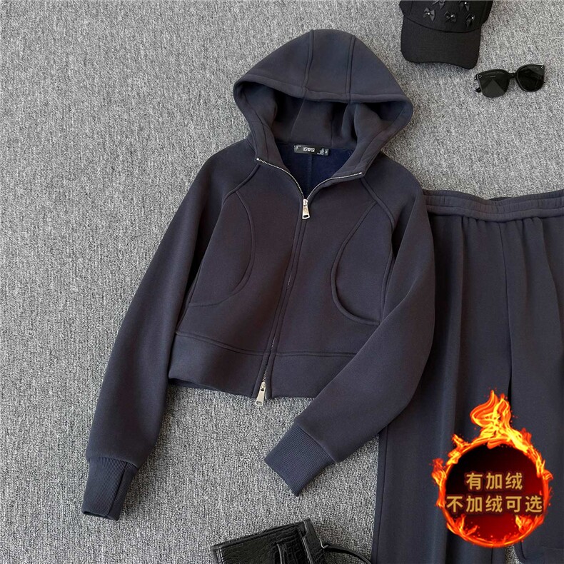 简约时尚休闲运动套装女秋冬款气质减龄拉链连帽卫衣直筒裤两件套,女装套装/套裙,江南