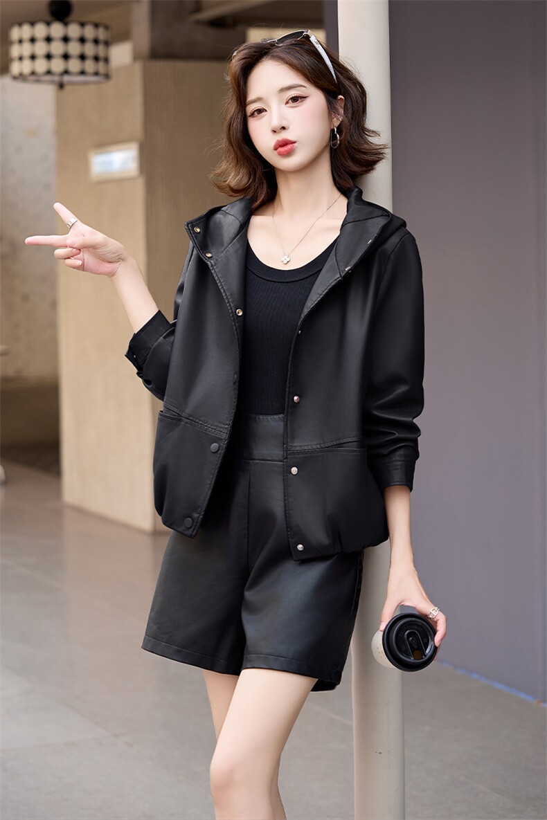 仿真皮皮衣女2024新款秋带帽休闲小个子海宁仿绵羊皮夹克外套短款,女装皮衣,美拉德工厂直营店