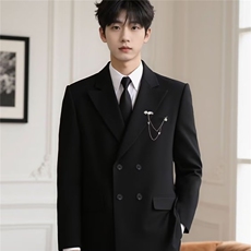 双排扣男士西装结婚礼服修身帅气黑色西服男韩版潮流英伦外套，男装西服套装，星座506A