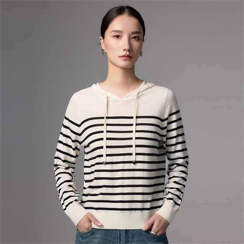 2025秋冬百搭时尚简约条纹帽衫针织衫，女装羊毛衫，蚂蚁派对工厂直营店
