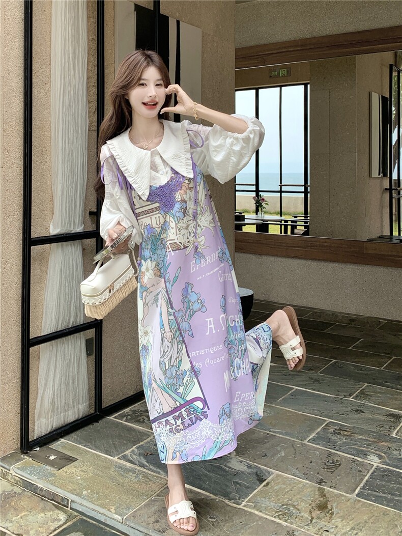 印花套装女夏季2026新款法式娃娃领衬衫蕾丝刺绣领口吊带裙两,女装连衣裙,艾米莉亚