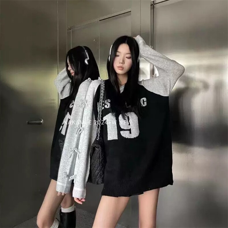 MM113-P6524秋新款撞色V领立体蝴蝶结毛衣宽松慵懒套头针织上衣,男装针织衫/毛衣,星座617A-2
