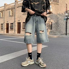 美式潮牌薄款阔腿宽松痞帅五分短裤男高街膝盖破洞水洗牛仔裤男女，男装牛仔裤，星座1013