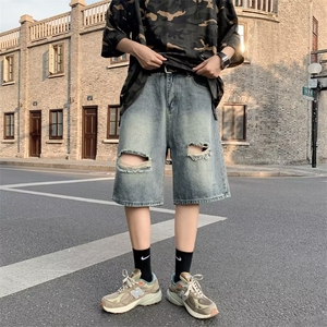 美式潮牌薄款阔腿宽松痞帅五分短裤男高街膝盖破洞水洗牛仔裤男女图片