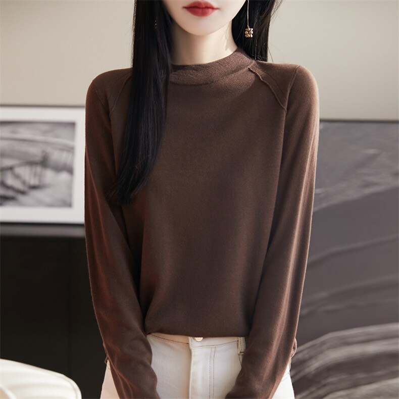 半高领桑蚕丝精纺羊毛衫女春秋莱赛尔长袖针织毛衣宽松打底衫上衣图片