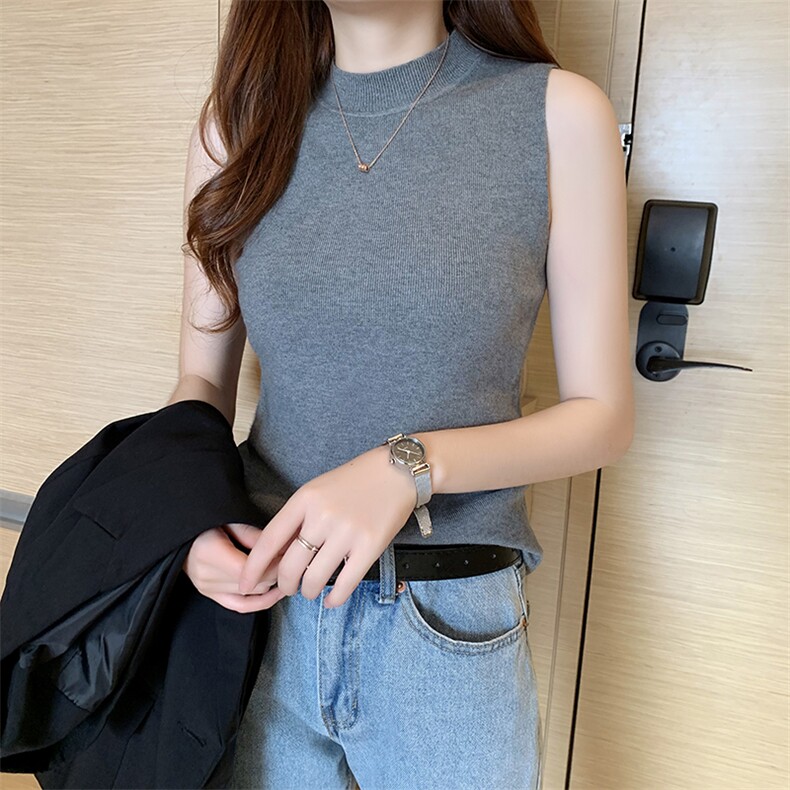 春夏半高领打底衫毛衣无袖针织上衣加厚内搭小吊带外穿背心,女装背心吊带,美吧服饰