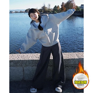 480G重磅加绒硬挺boxy 男女秋冬美式高街防风高领卫衣开衫厚外套图片