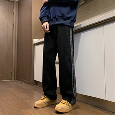 三条杠牛仔裤裤子男春季美式高街宽松阔腿直筒拖地裤N01365-P45，男装牛仔裤，星座308B-1