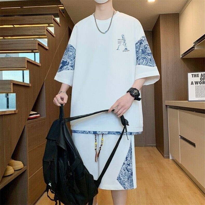 TZ25301-P55夏季休闲T恤短裤男两件套港风学生宽松短袖运动套装,男装牛仔裤,电商D310B